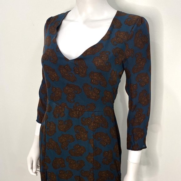 For Love & Lemons Double Slit V-Neck Maxi Dress Paisley Print Silk Blue Size S - Picture 5 of 14